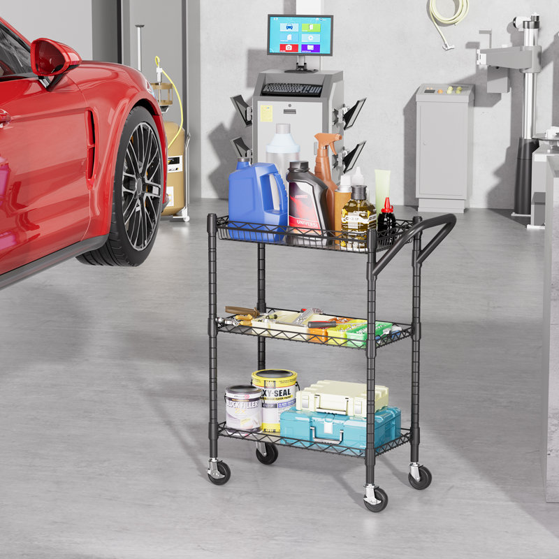 Chariot utilitaire commercial à 3 niveaux avec tablettes réglables et roues verrouillables, Noir