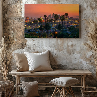 Los Angeles City Skyline With Palm Trees Sunset Urban Landscape Canvas Wall Art Print For Living Room, Bedroom, Office, Hallway, Entryway, Gallery Wall And Modern Home Decor