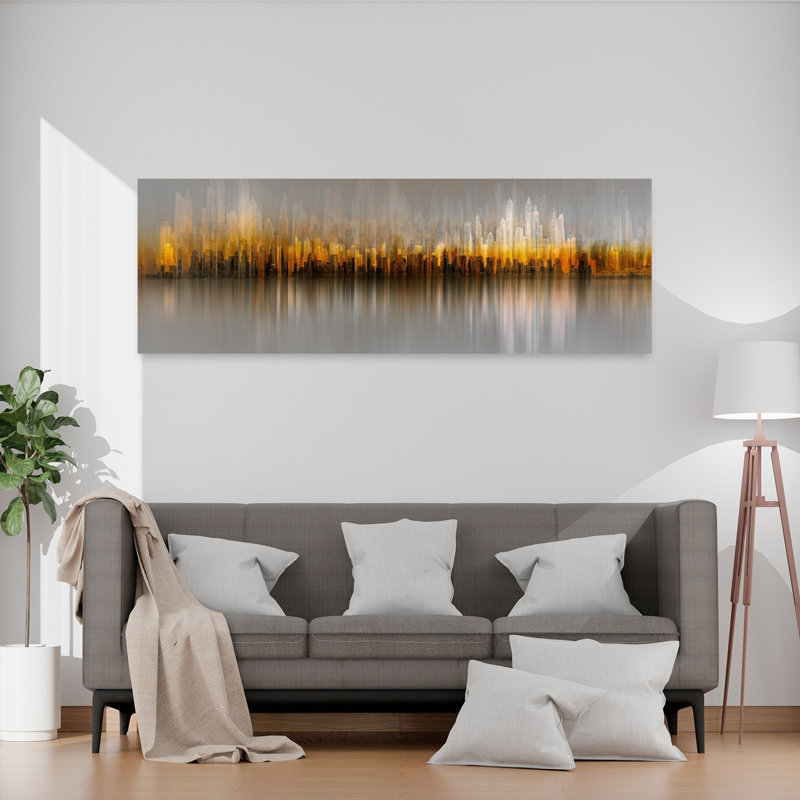 «Golden Cityscape Reflection Abstract Modern Serene City Landscape», art mural, H 60 po x l 20 po