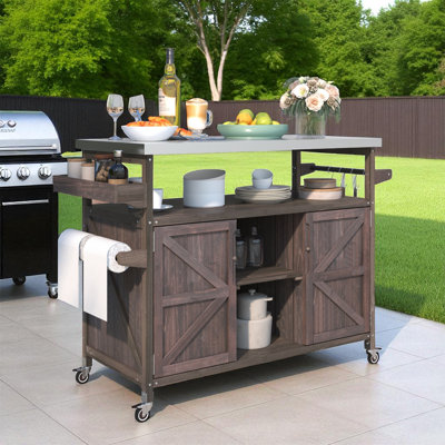 Farmhouse Outdoor Grill Cart, Rolling Bar Cart & Outdoor Kitchen Island, Solid Wood Grill Table W/ Stainless Steel Top, Spice Rack , Towel Rack
