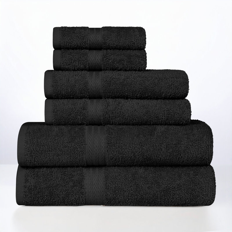 100% Cotton Lightweight Quick-Drying Absorbent 6-Piece Towel Set, Black