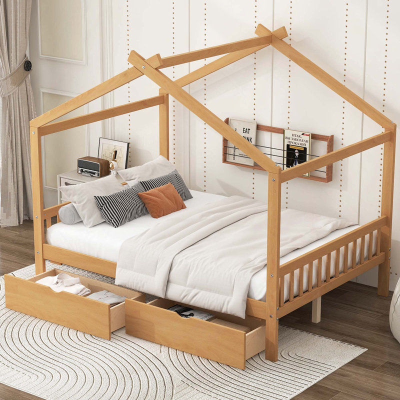 House Platform Bed With Two Drawers, Natural