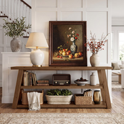 63-Inch 3-Tier Solid Wood Console Table, Farmhouse Entryway Table with Storage Shelves