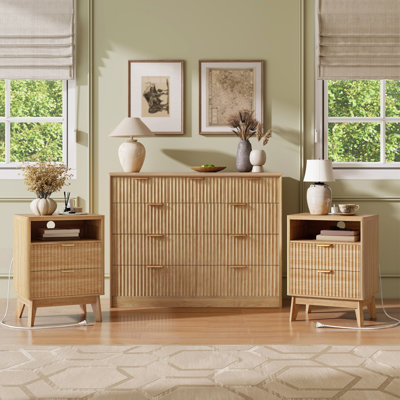 Ensemble commode et table de chevet, ensemble de chambre à coucher avec commode à 6 tiroirs en bois et table de chevet (2 pièces) avec station de recharge, mobilier de chambre, commode cannelée, fini bois naturel