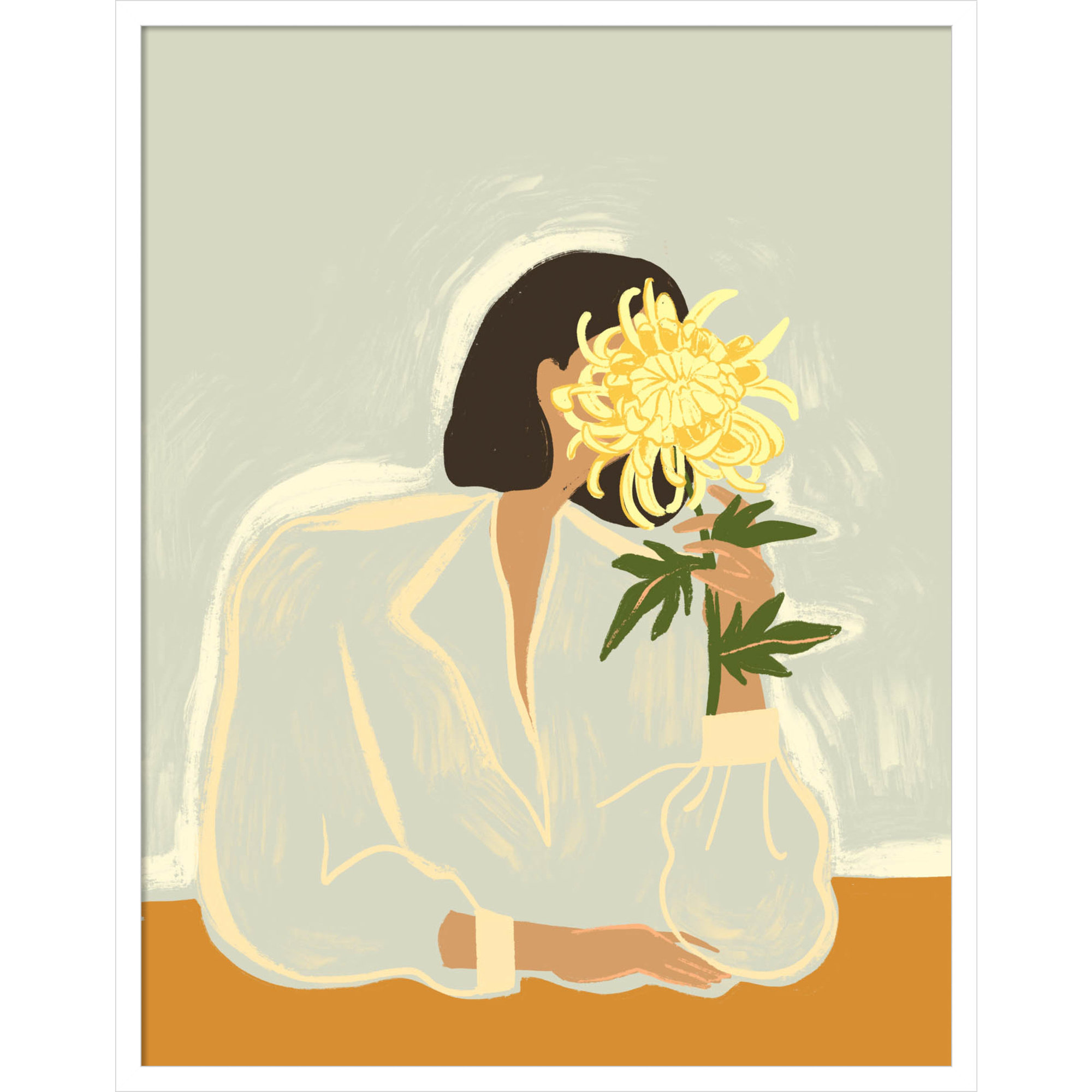 Lady With Chrysanthemum by Arty Guava Wood Framed Wall Art Print, White, 33" H x 26" W