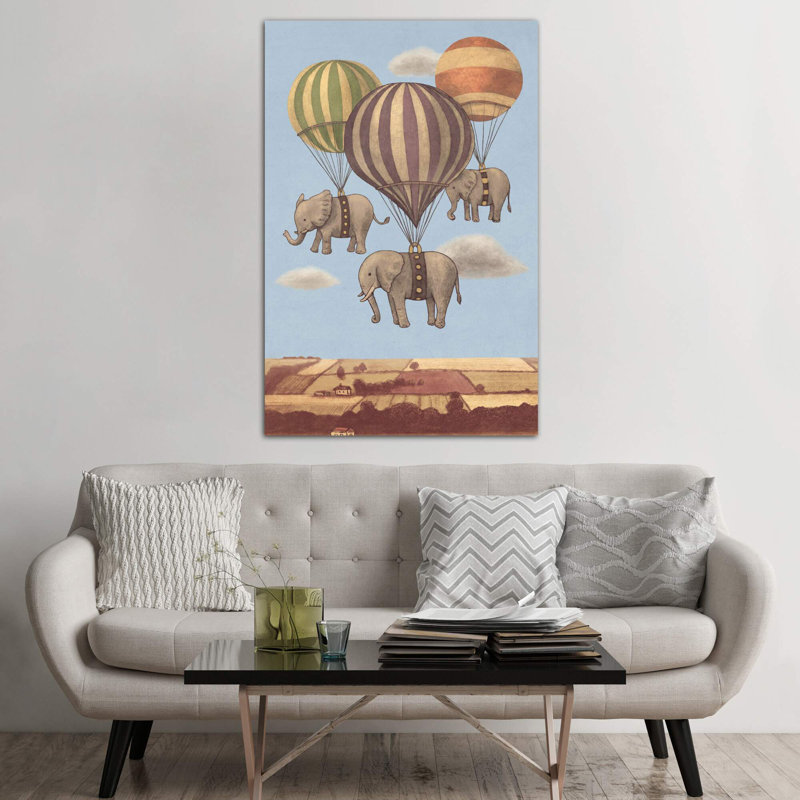 Flight Of The Elephants Blue by Terry Fan - Wrapped Canvas Print, 66.04 cm H x 45.72 cm W x 1.91 cm D