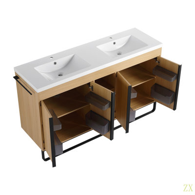 60" Freestanding Bathroom Vanity With Resin Double Sink, 4-Soft Close Door & 3-Open Storage Rack, KD-Packing, Plywood