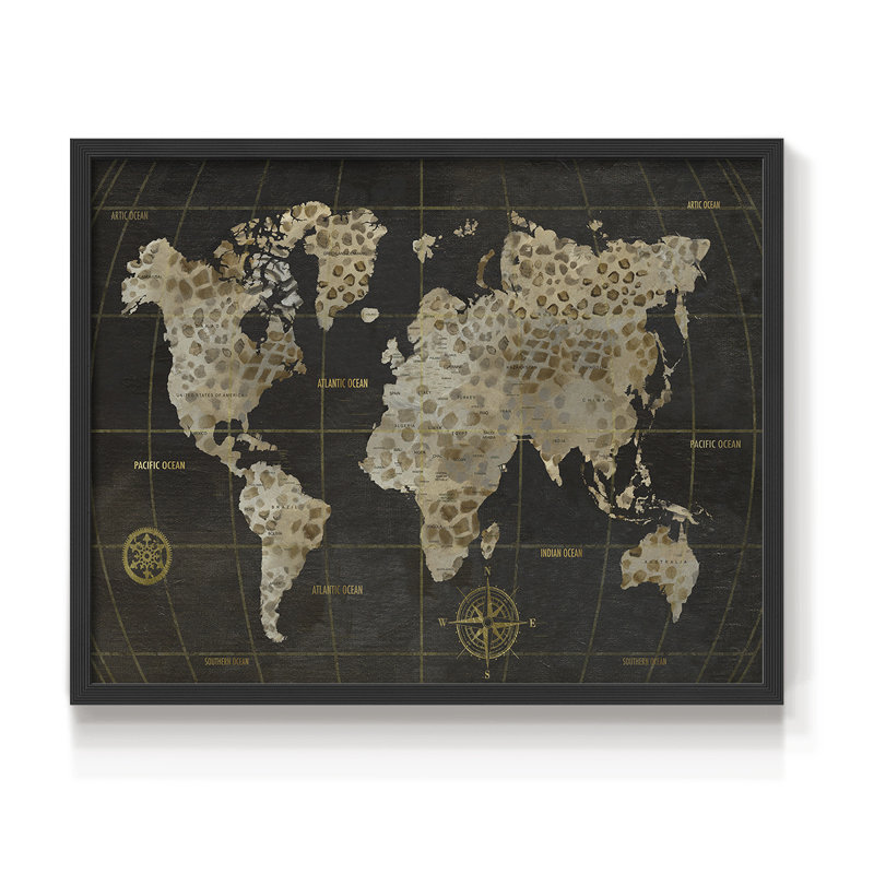 Safari World Map -Framed Print - Restickable, Black, 16" H x 20" W