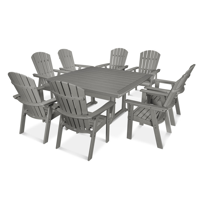 POLYWOOD Nautical Adirondack 9-Piece Trestle Dining Set, Slate Gray, 9 Pieces: Table, 8 Chairs