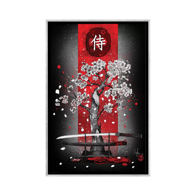«Samurai» par Marine Loup - impression d'art graphique, H 60 po x l 40po x P 1,5 po, Toile avec cadre argenté, Aucun mat