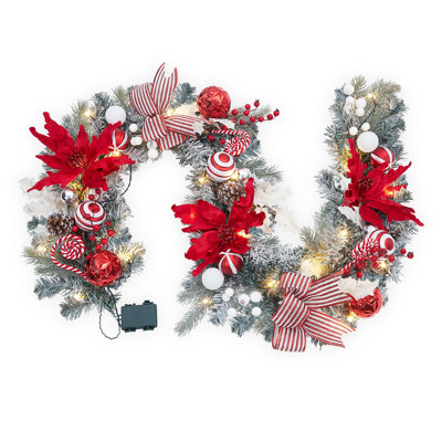 6 Ft Pre-Lit Christmas Garland with Red Ornaments & 20 LED Lights, Battery Operated Lighted Garland, Indoor/Outdoor Use