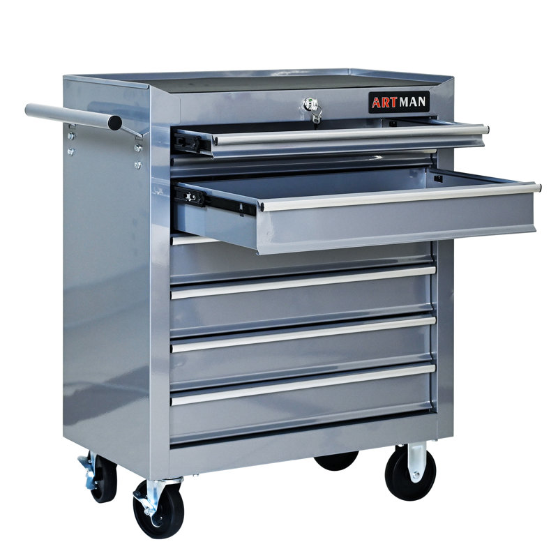 Chariot porte-outils à 7 tiroirs - Argent, verrouillable, multifonctionnel, fabrication en acier thermolaqué