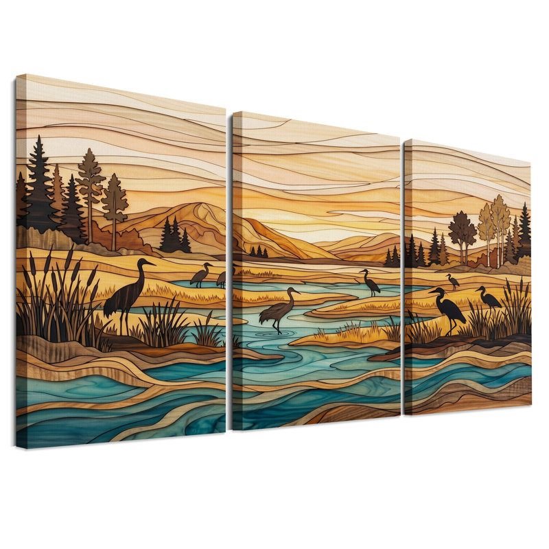 «Wood Texture Herons in River Landscape», ensemble de 3 toiles, H 24 po x l 16 po x 3 pièces