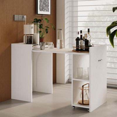 Multi-Function Folding Desk, White Wood and Metal, 50" Expandable Workstation with Wheels, Storage Shelves and Drawer, Suitable for Small Office, Apartment, Gaming