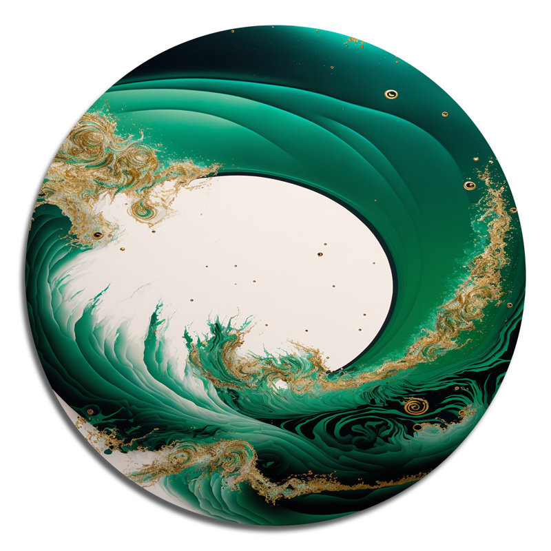 Vert émeraude et vagues abstraites dorées III - spirales abstraites, art mural sur métal, L 16 po x H 16 po