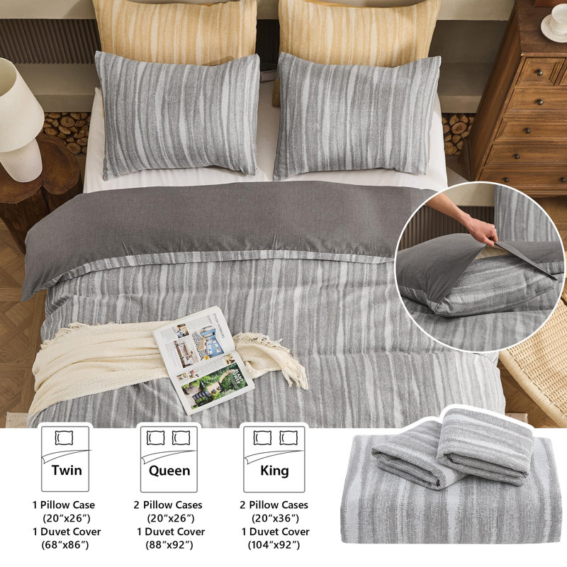 100% Cotton Yarn-Dyed Jacquard Duvet Floral Duvet Cover Set, Gray Wavy, King Duvet Cover + 2 King Pillowcases