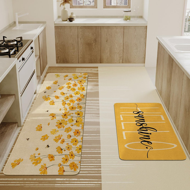 Farmhouse Kitchen Rug Set Of 2 - Yellow - Hello Sunshine Floral Mats, Non-Slip Washable Floor Rugs For Spring/Summer Kitchen Decor