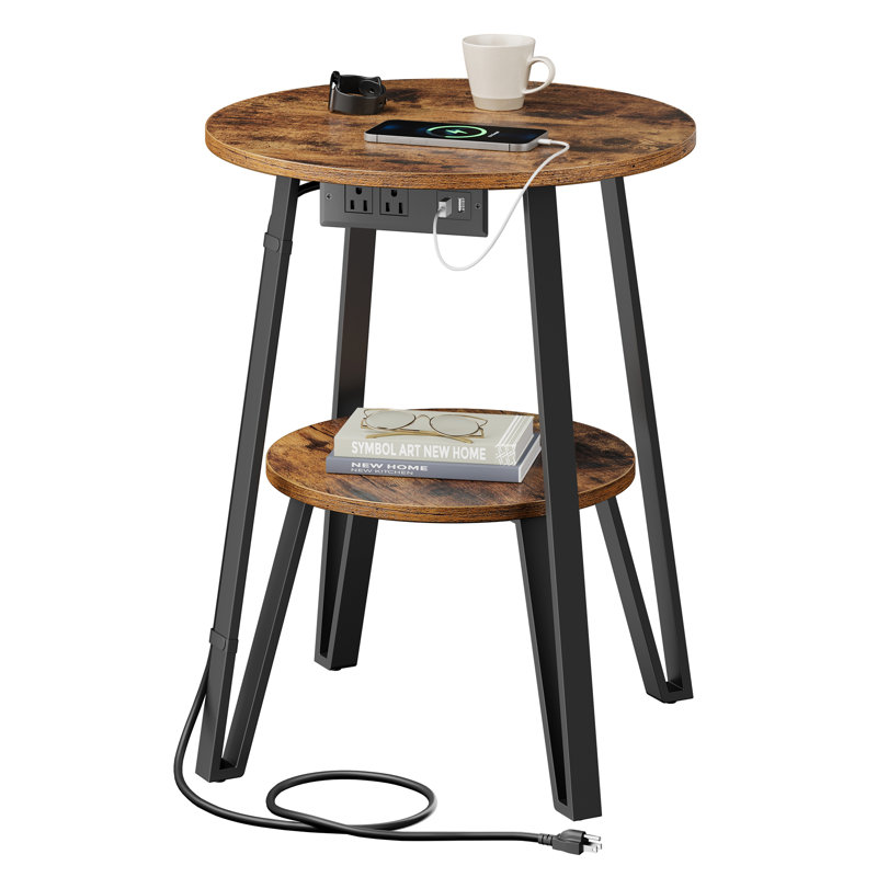 End Table With Charging Station, 2 USB ports, 2 Power Outlets, and 2-Tier Round Storage Shelves