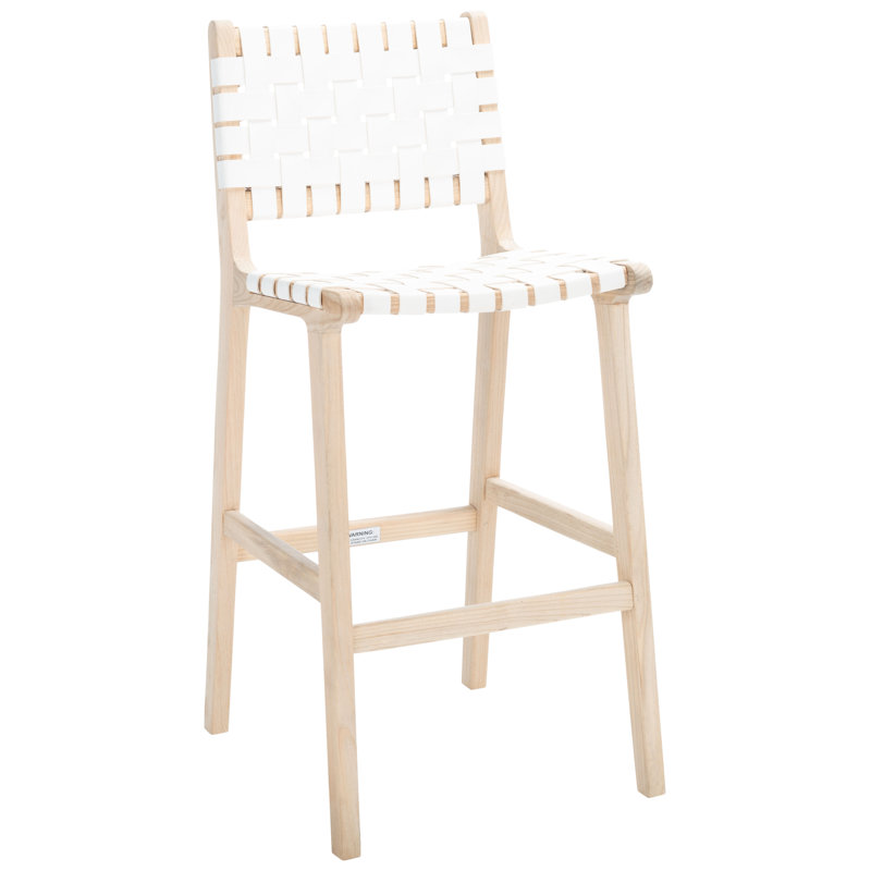Tabouret Alston, Cuir blanc / cadre naturel sans finition, Tabouret de bar (siège d'une hauteur de 29,70 po)