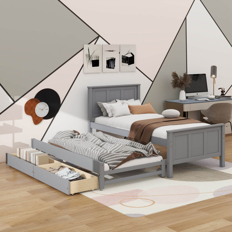 Structure de lit plateforme robuste en bois avec lit gigogne et tiroirs, Gris