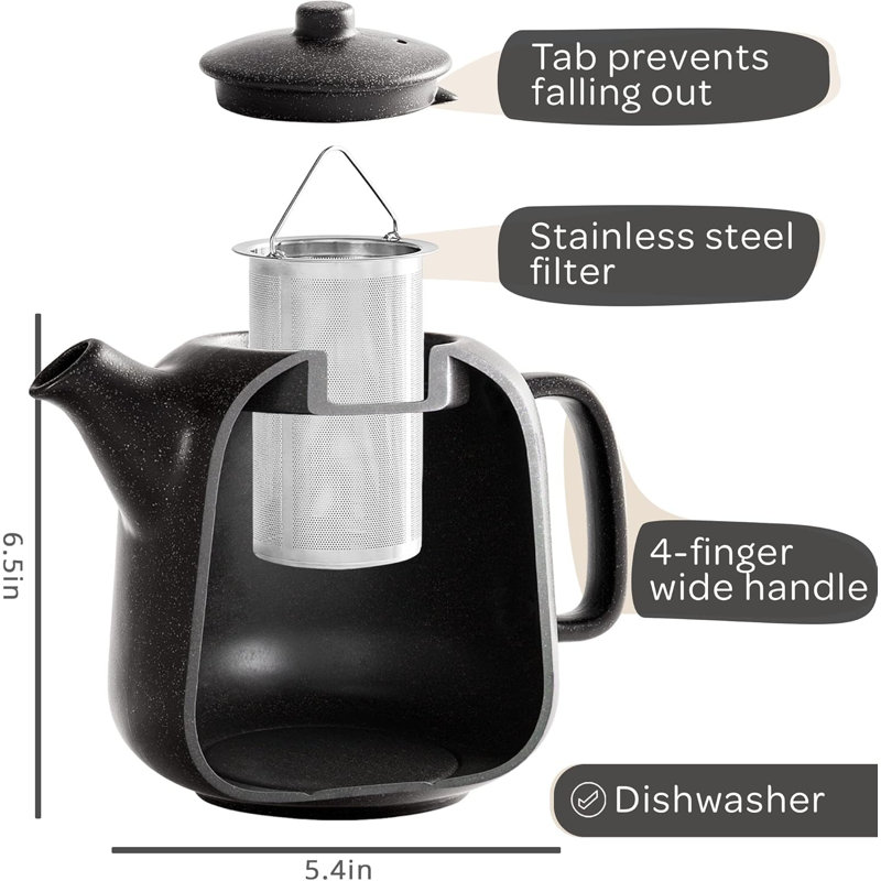 Matte Black Ceramic Teapot with Stainless Steel Infuser, 44 oz