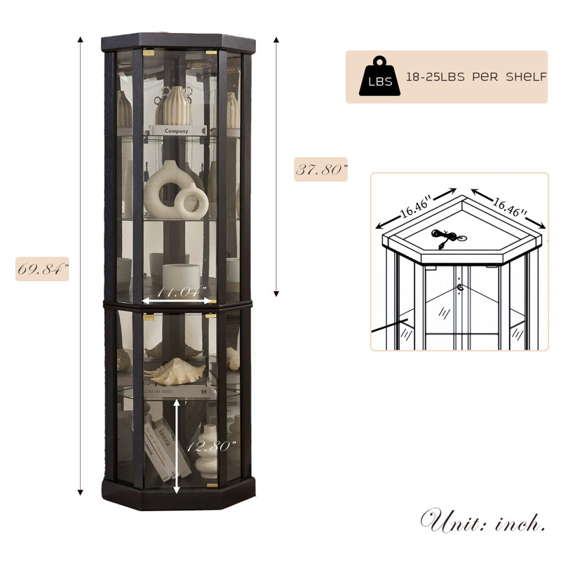 Corner Curio Cabinet, 70" H Lighted Glass Display Cage with Tempered Glass Doors & 3 Adjustable Shelves, Light Bulb Inclued, Wine Bar China Cabinet for Living Room, Kitchen