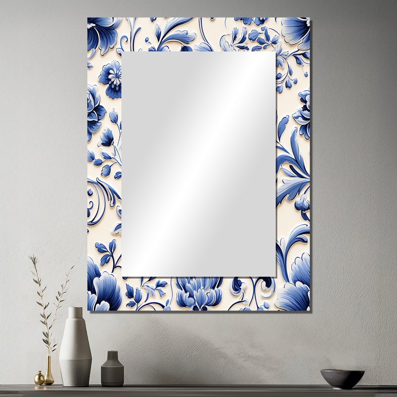 Lassiter Cobalt Blue Renaissance Flourish Victorian Pattern - Floral Decorative Wall Mirror, Floral Large Mirror, Printed Metal Art
