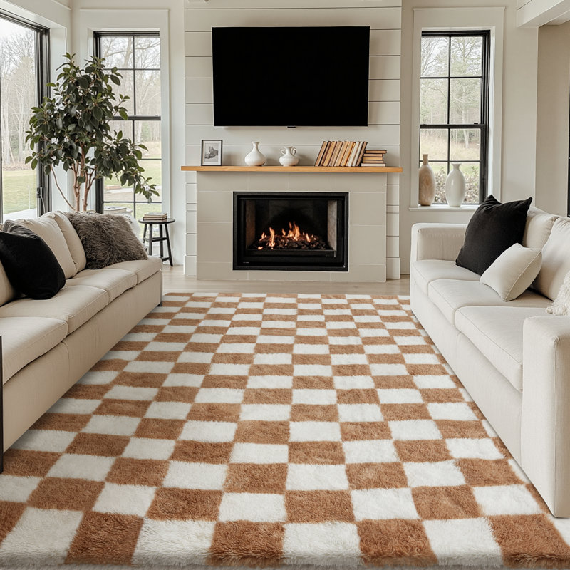 Celi Modern Checkered Shag Area Rug With Non-Slip Backing, Rectangle 8' x 10', Light Brown