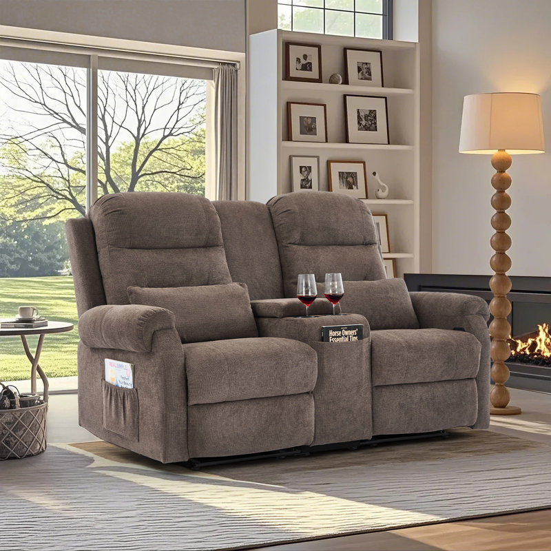 Causeuse inclinable manuelle 65,7 po avec console de rangement et porte-gobelets, Chenille brun