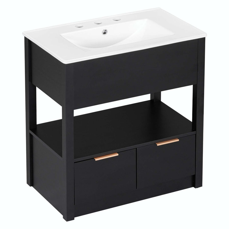 Meuble-lavabo de salle de bain avec comptoir de lavabo, tablette de rangement ouverte et deux tiroirs, Noir, Or