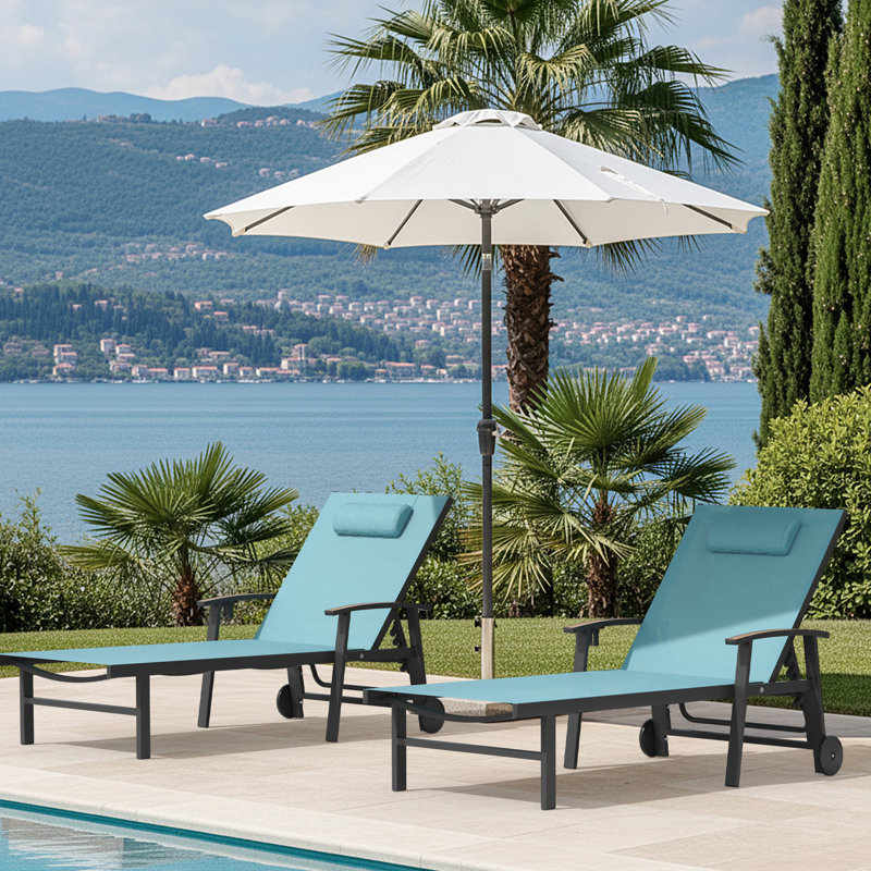 Ensemble de 2 chaises longues d'extérieur avec roulettes et accoudoirs, Bleu lac