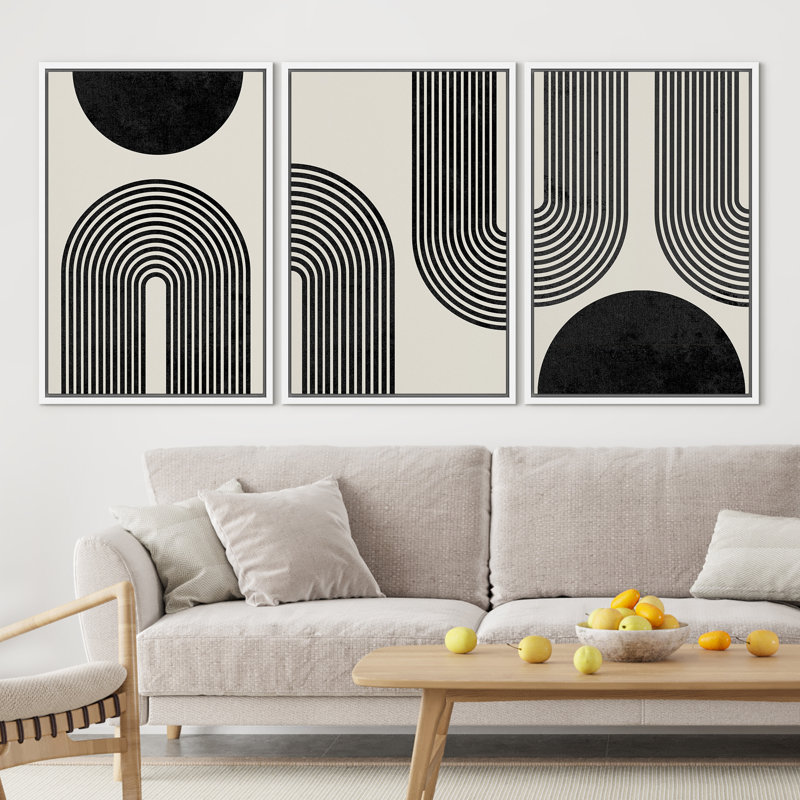 «Spiral Parabolas & Solid Semi Circle Modern Neutral», impression sur toile encadrée sur toile, 3 pièces, Cadre blanc