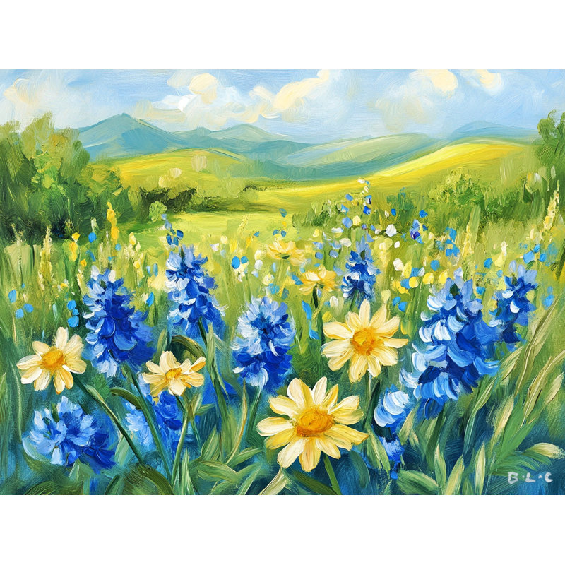 «Blue Blossoms in Summer Meadow», art mural sur toile tendue, H 36 po x l 48 po