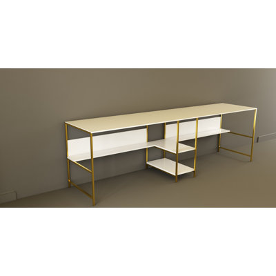 Bureau d'étude moderne avec conception murale, finition blanche et dorée, 94,5 po x 29,1 po x 23,6 po | 100% panneau de particules enduit de mélamine, pieds en métal thermolaqué électrostatique | Plusieurs tablettes pour un espace de travail organisé