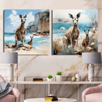 Famille de kangourous sur la côte australienne - Ensemble de 2 animaux kangourou carrés