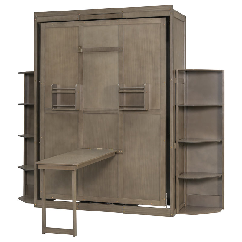 Lit escamotable rotatif moderne avec bureau pliable et tablettes de rangement, grand, Gris