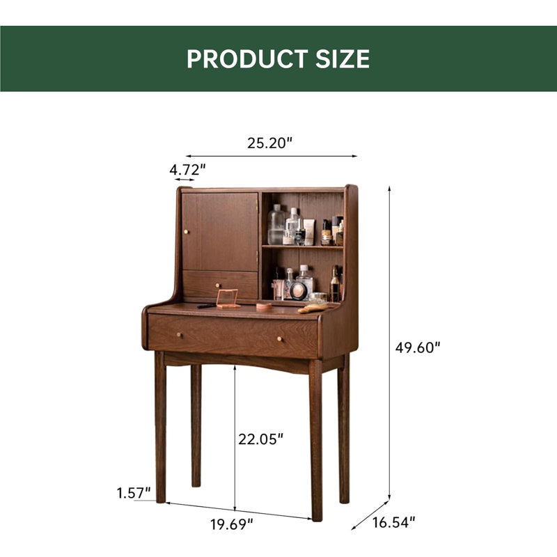  25.2"W Small  Solid Wood Vanity Desk with Reversable Mirror & 2 Storage Drawers, 25"W, No