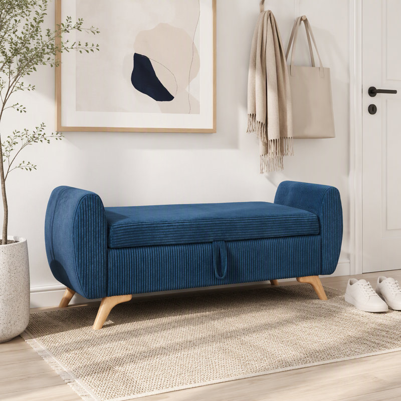 Banc rembourré en velours côtelé avec rangement 57 po, Bleu