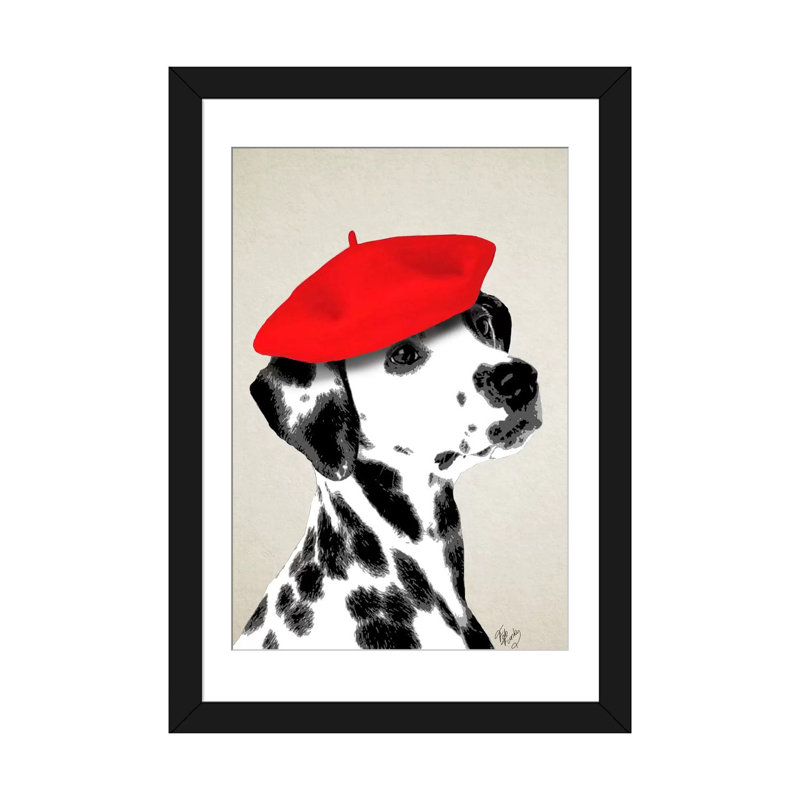 «Dalmatian with Red Beret», impression sur toile, H 24 po x l 16 po x P 1 po, Papier d'art encadré noir, Blanc