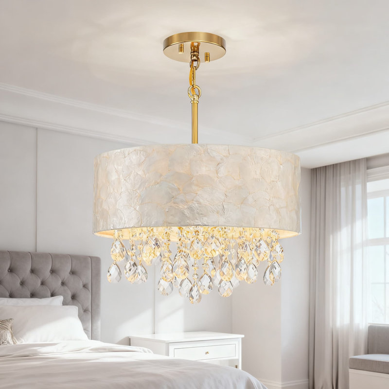Lustre en coquillage de style côtier avec accents de cristal, luminaire suspendu à hauteur réglable pour salle à manger et salon, finition dorée
