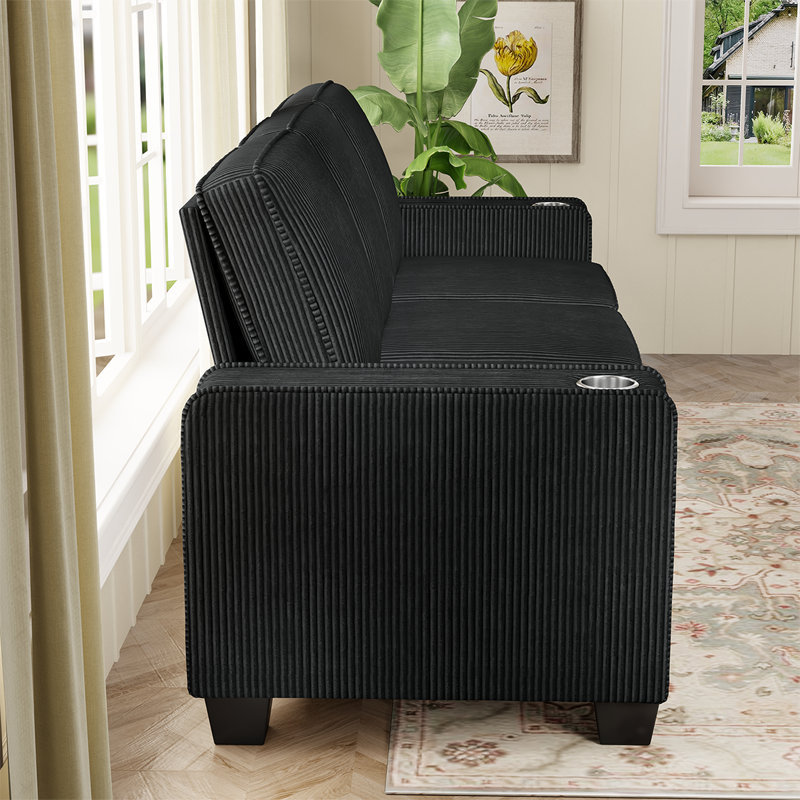 83.5 inch Oversized 3 Seater Couch, Upholstered Corduroy Love Seat Sofa for Living Room, Modern Deep Seat Comfy Loveseat Sofa Couch with Cup Holders
