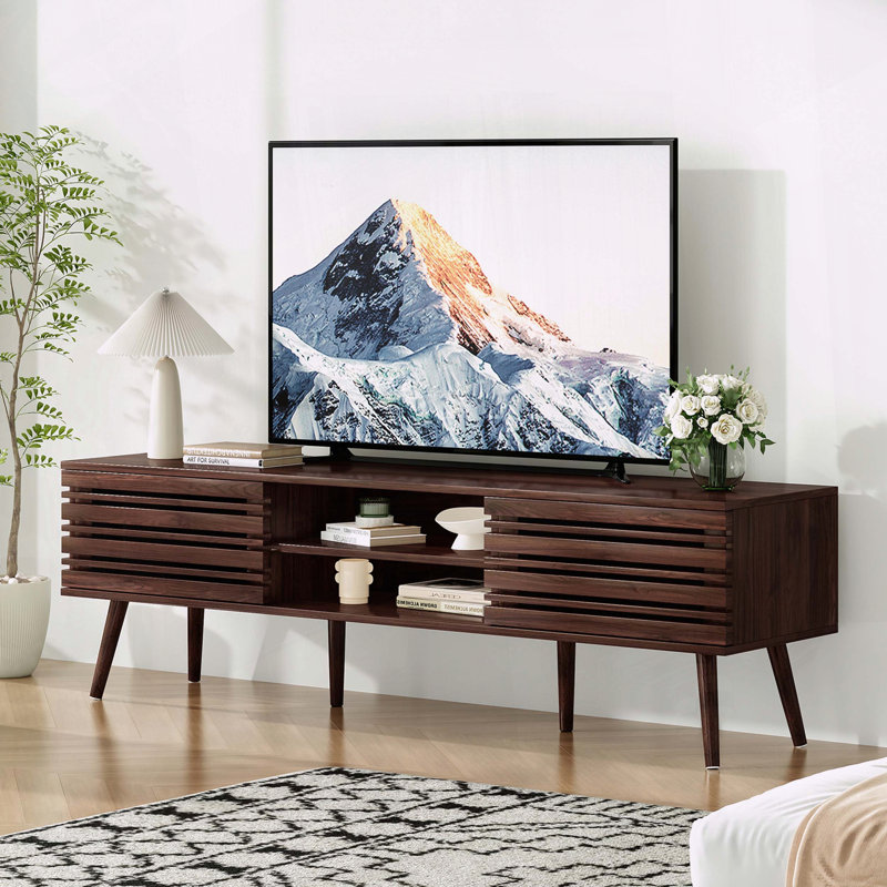 Mid-Century Modern TV Stand for TVs up to 70" with Fluted Wood and Cable Management, Walnut