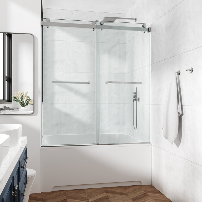 68-73" W x 60" H Frameless Double Sliding Tub Door with 3/8" (10mm) Clear Tempered Glass, Shatter-Resistant Film & Installation Hole Locator