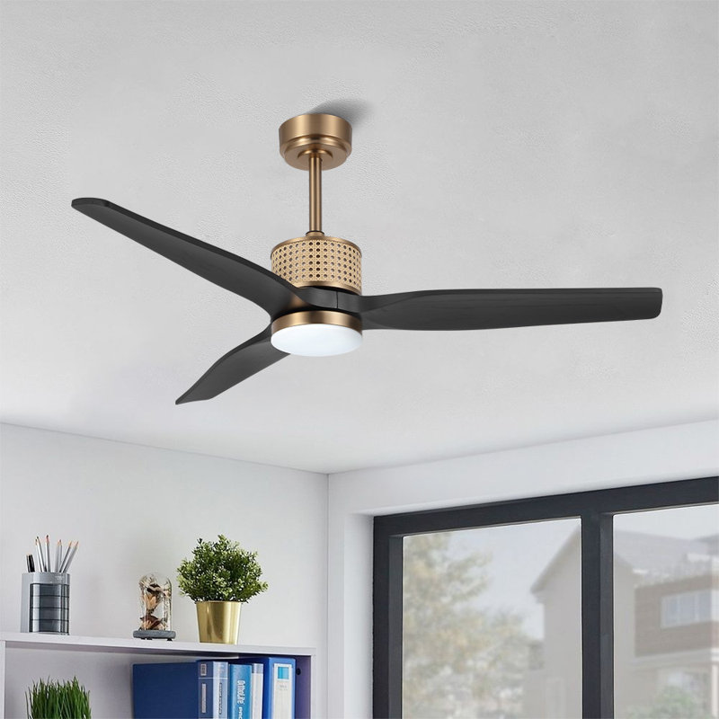 52 In. 3 Solid Wood Blades Indoor Ceiling Fan With Led Light, Gold with Black Blades