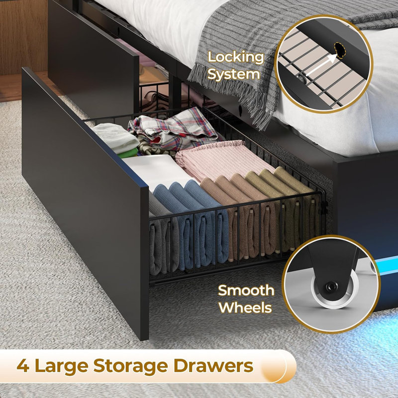 Upholstered Platform Bed Frame Full Size with Charging Station, 4 Drawers and LED Lights, Heavy Duty, No Box Spring Needed