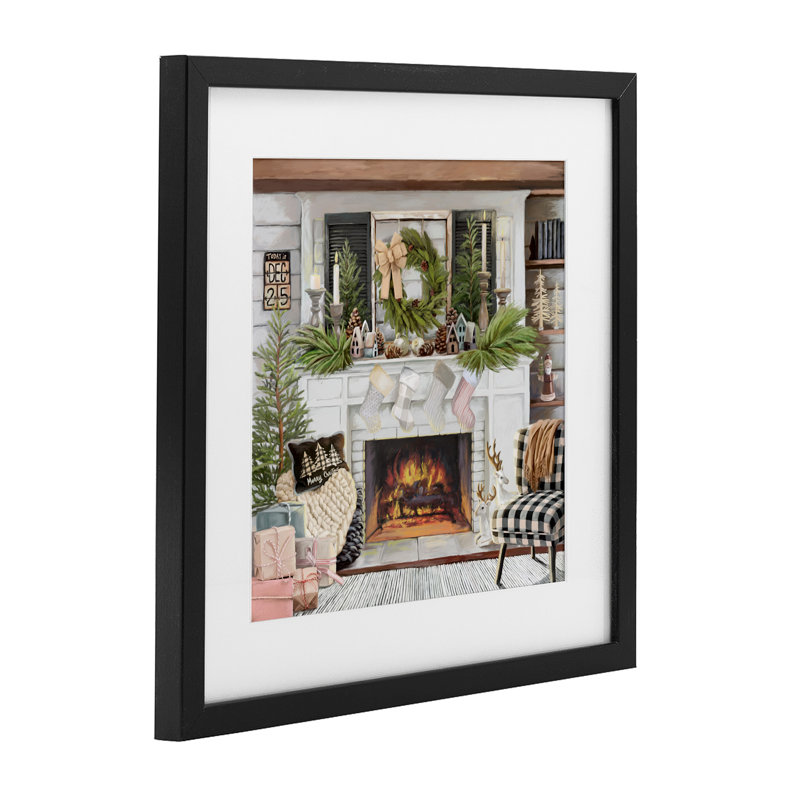 Cozy Fireplace Holiday, reproduction encadrée sous verre, design par Nicky Boehme, H 13 po x l 13 po, Cadre noir minuit