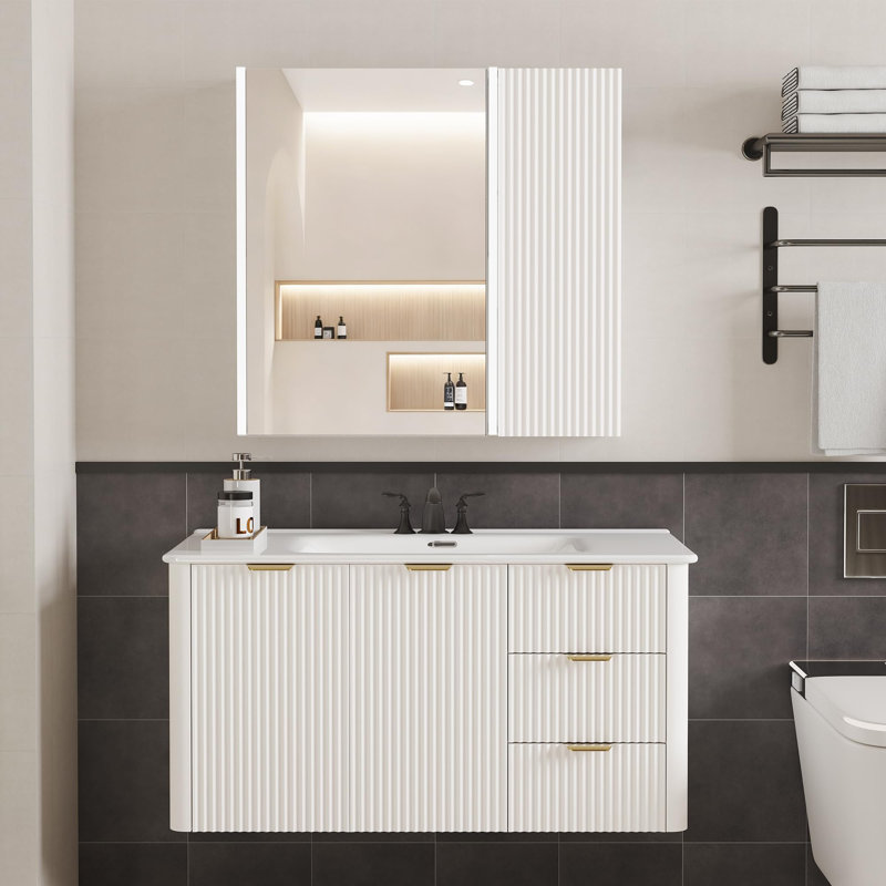 Meuble-lavabo flottant avec lavabo et armoire à pharmacie avec lumière DEL, Blanc, 36"