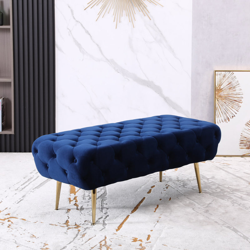 Banc capitonné en velours avec pieds en métal doré Sira, Bleu