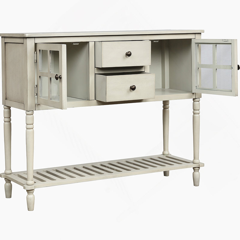 Console rustique avec tablette inférieure et armoires en verre, parfaite pour le rangement et la décoration de salon de ferme.
