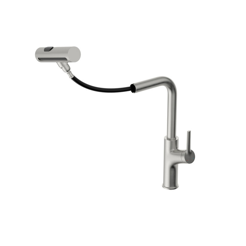 Robinet de cuisine rétractable 360 ° à 4 jets avec surface en nickel brossé, conception Splash, cartouche en céramique, ensemble d'installation tout-en-un, moderne essentiel pour le nickel, choix, contrôle, lisse